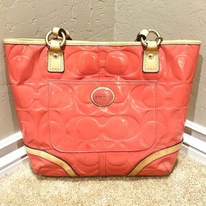 Coach salmon patent leather zip top tote bag